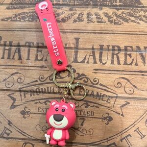 Lotso Pink Bear Keychain with Red Strap